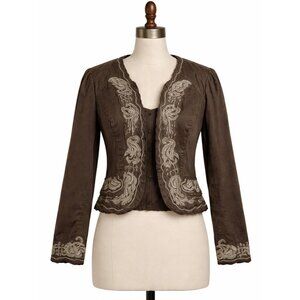 Vintage 90s Lucy Paris Cropped BOHO Jacket Womens Medium Brown Embroidered